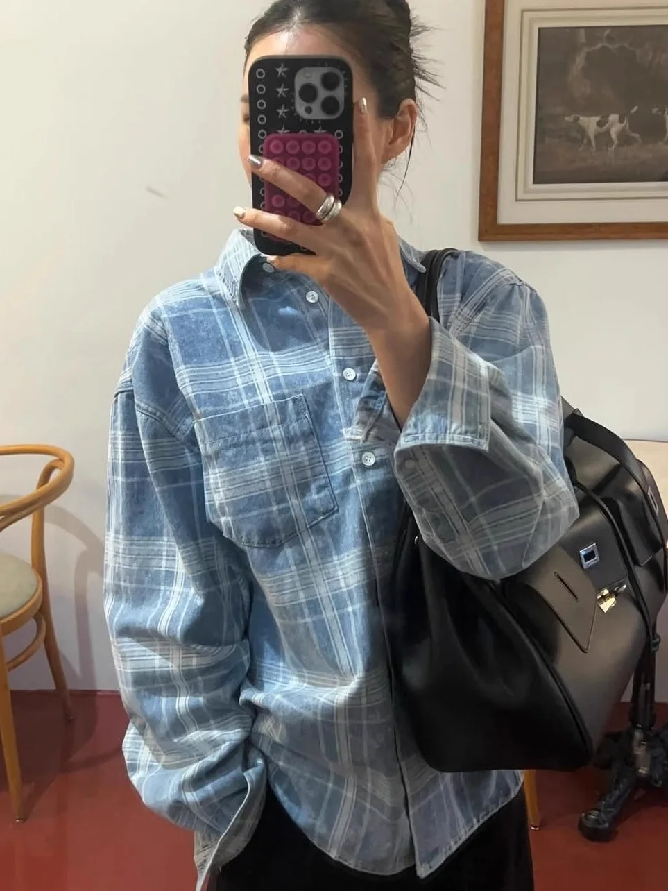 

Уникальный винтажный джинсовый топ SEI Waed, синий клетчатый свободный повседневный топ, корейская версия, прямая трубка, длинный све, на пуговицах