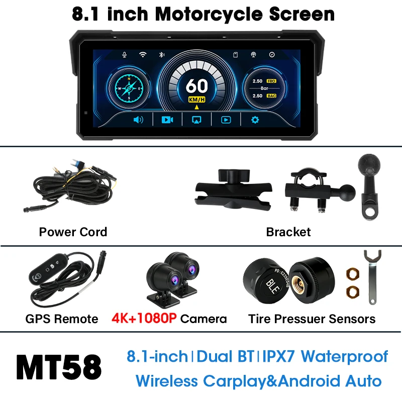 Jansite 8,1 inch motorfiets Carplay 4K + 1080P dubbele lens IPX7 waterdicht draadloos CarPlay en Android Auto Moto GPS-navigatie - afbeelding 1