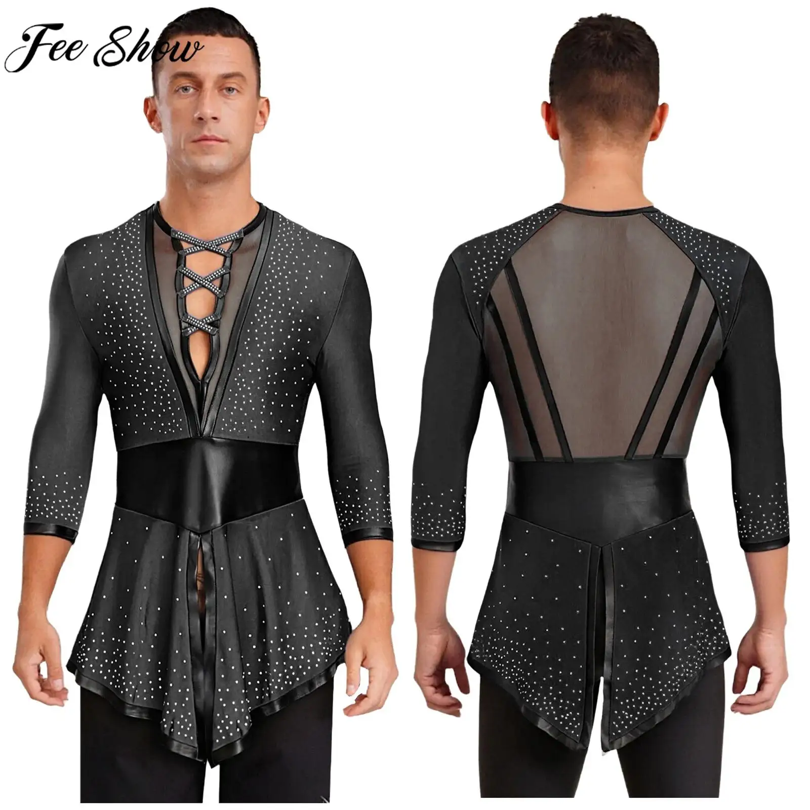 Männer Latin Dance Tops Langarm Glänzende Strasssteine Sheer Mesh Schwalbenschwanz Shirt für Ballett Tango Ballsaal Cha-cha Rumba Flamenco
