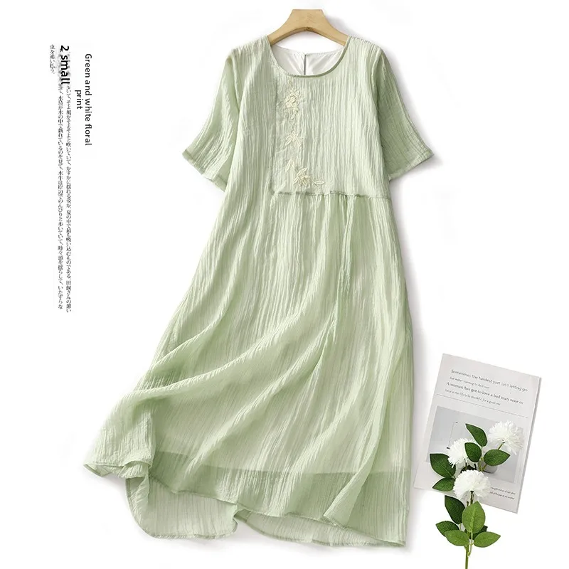 Vestido Midi E de Linho Artístico Retro com Decote Redondo Bordado em Camadas Duplas Novo Estilo de Verão