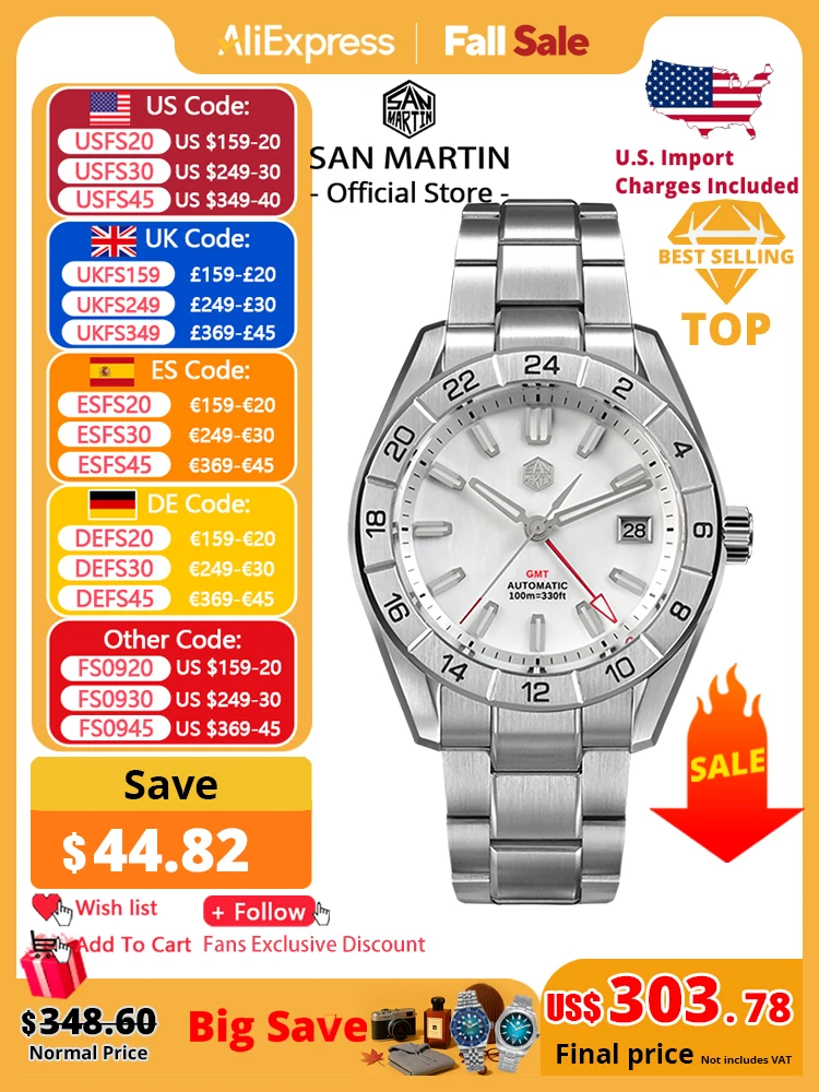 

San Martin 42mm MOP Dial Men's Luxury Watches Business Dress Watch NH34 GMT Automatic Mechanical Sapphire Luminous 10Bar SN0130