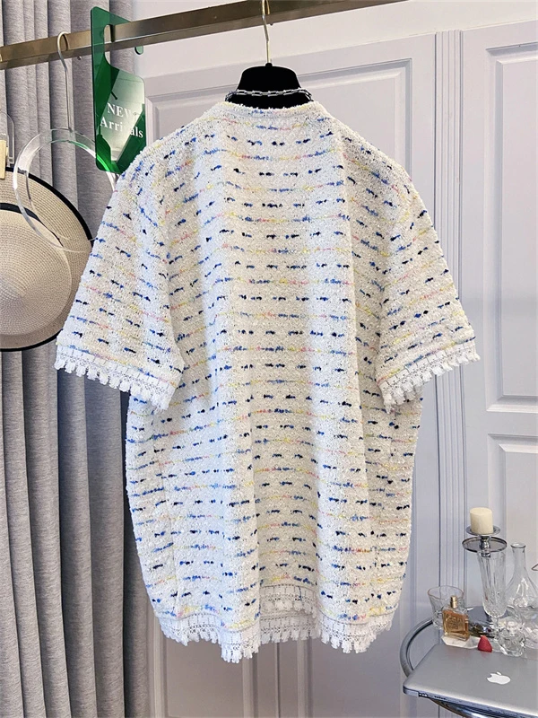 

Ele Woven Stripe ort Sve T-irt Women's Loose Knitted Top Summer New Sle Casual Comfortable Linen Blend round Ne