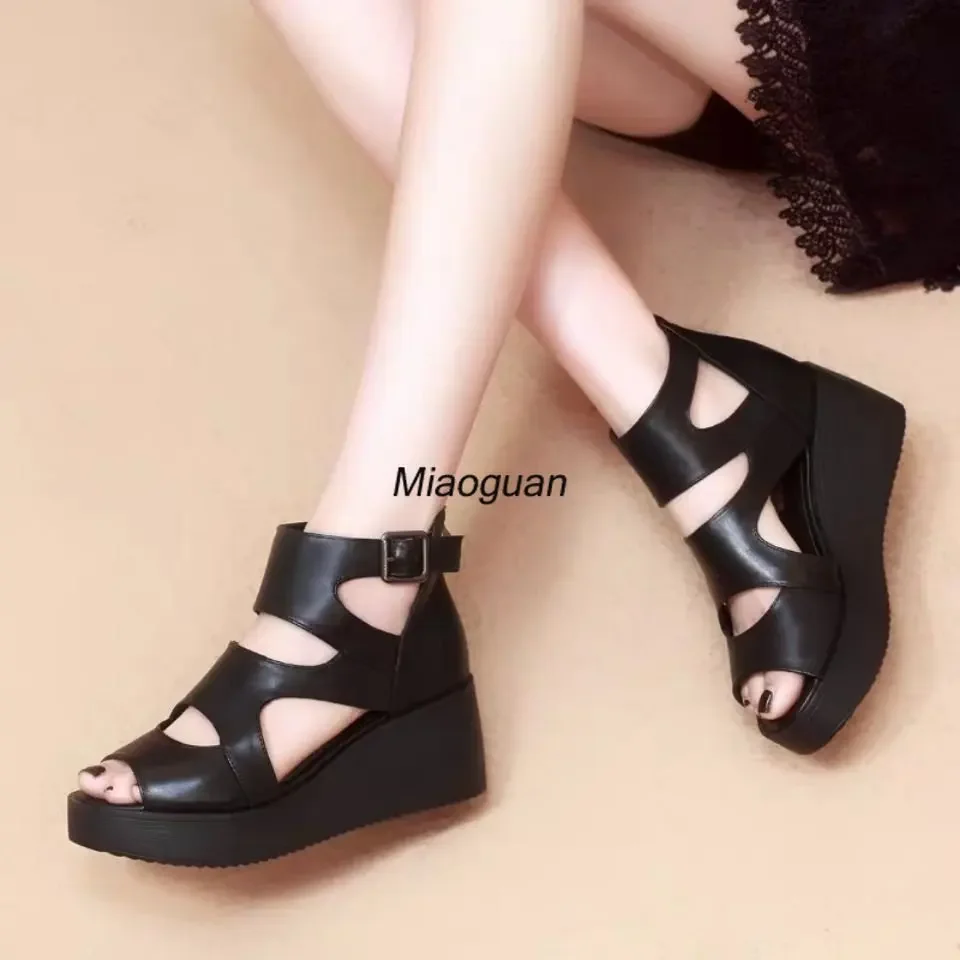 High Quality Soft Leather PU 2024 Summer Sandals High Heel Platform Sandal Boot Wedge Peep Toe Women\'s Shoes Hollow Roman Black