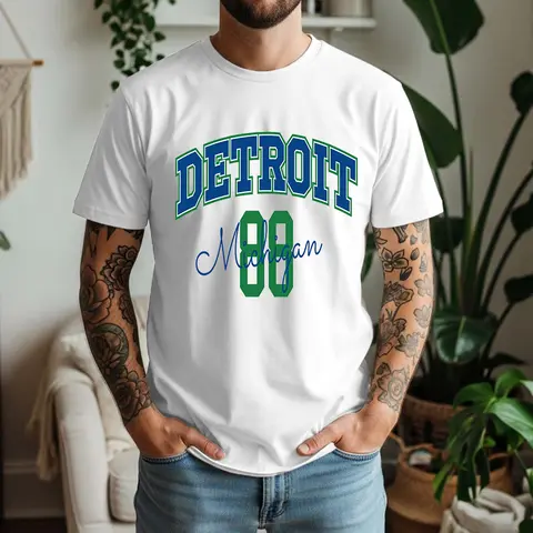 Mens 100% Cotton T Shirt Detroit Michigan 88 Varsity Curved Letter Print Breathable Short Sleeve Casual Daily Tee