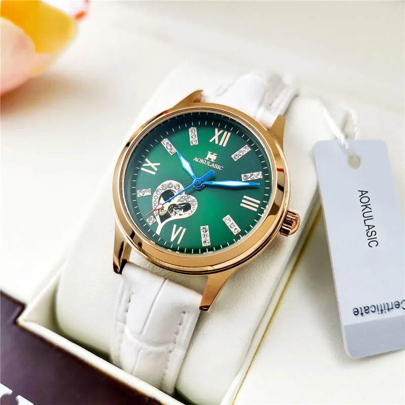 AOKULASIC Brand Watch Ladies Luxury Automatic Mechanical Watch For Women Hollow Diamond 2022 New Waterproof Leather Female Watch