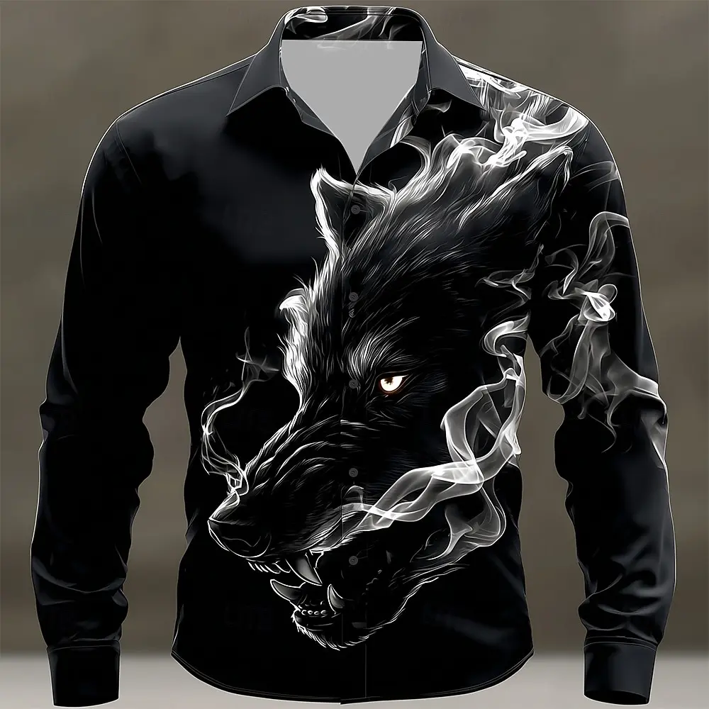 

Men's Cool Smoky Animal Wolf Shirt Fashion 3D Printed Shirt Button Up Shirt Casual Long Sleeve Shirt Street Blouse For Mens