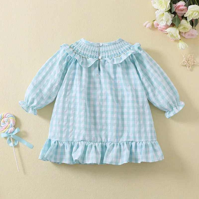 2024 Kids Girl Plaid Dress for Children Boutique Cartoon Panda Handmade Embroidery Smocked Collar Clothes Matching Spring Autumn