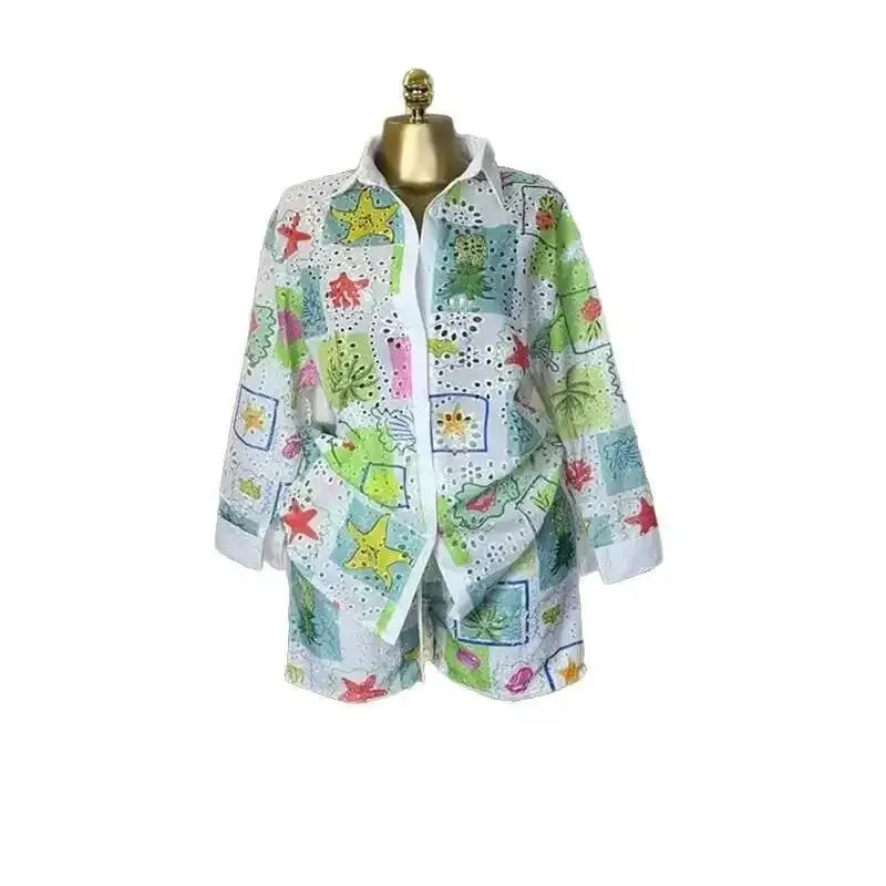 

Women's Clothing 2025 Summer New Fashion Printed Hollow Out Turn-down Collar Long Sleeve Shirt Shorts Casual Set