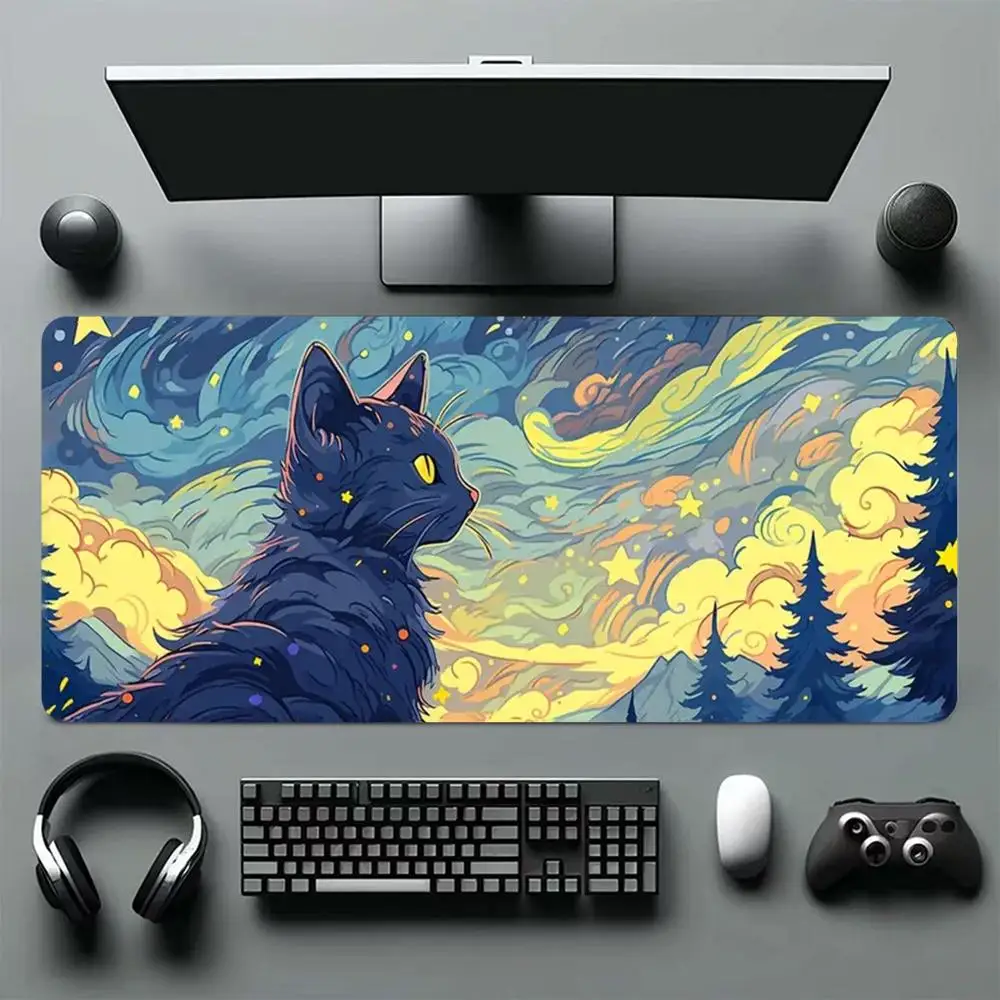 

Super Van Gogh Inspired Black Cat Game Mouse Pad Anti-Slip Rubber Base Vibrant Art Design Mouse Pads Suitable for Gamers