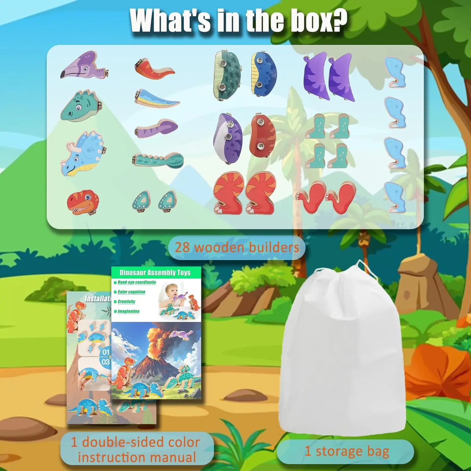 Dinozaury Drewniane Klocki Konstrukcyjne, Montessori Zabawki Dinozaury do Łączenia, Edukacyjne Prezenty STEM Rozwijające Motorykę Małą dla Dzieci 3