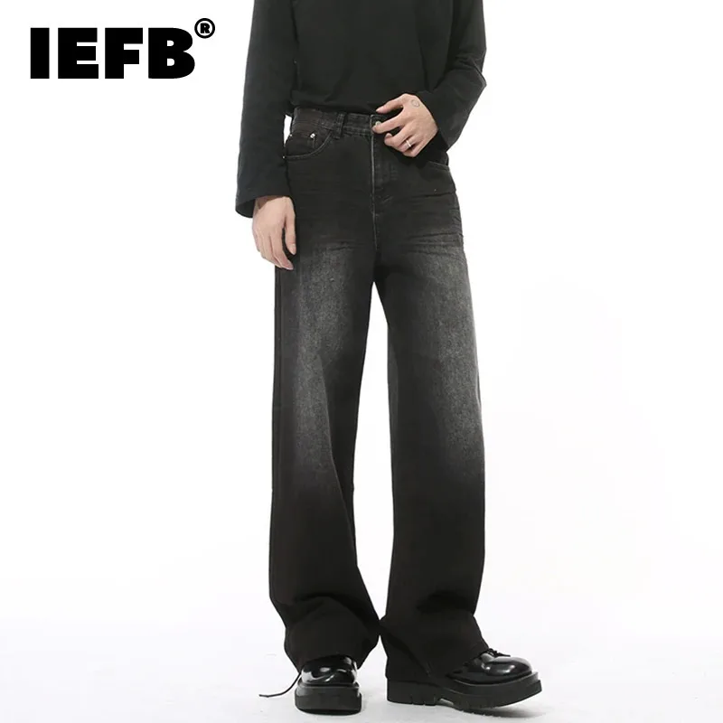 IEFB American Style Men Denim Pants Washing Splotch Worn-out Straight Contrast Color Casual Trousers Wide Leg Male Bottom 9W139