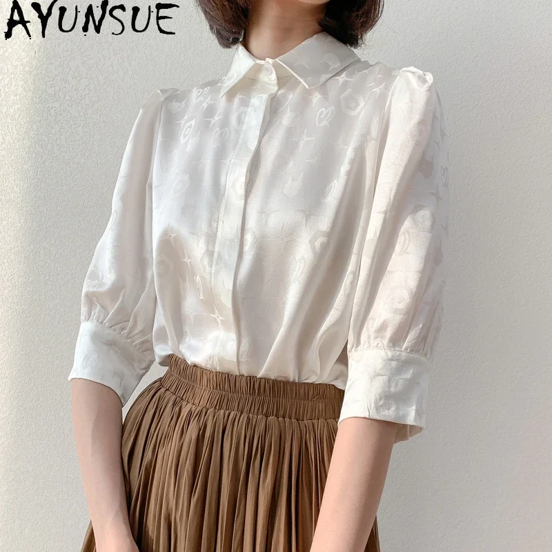 

Ayunsue Women Summer Top 100% Real Silk White Blouse Fine Elegant Blouses For Women Fashion Loose Tops Lantern-sleeve Shirts