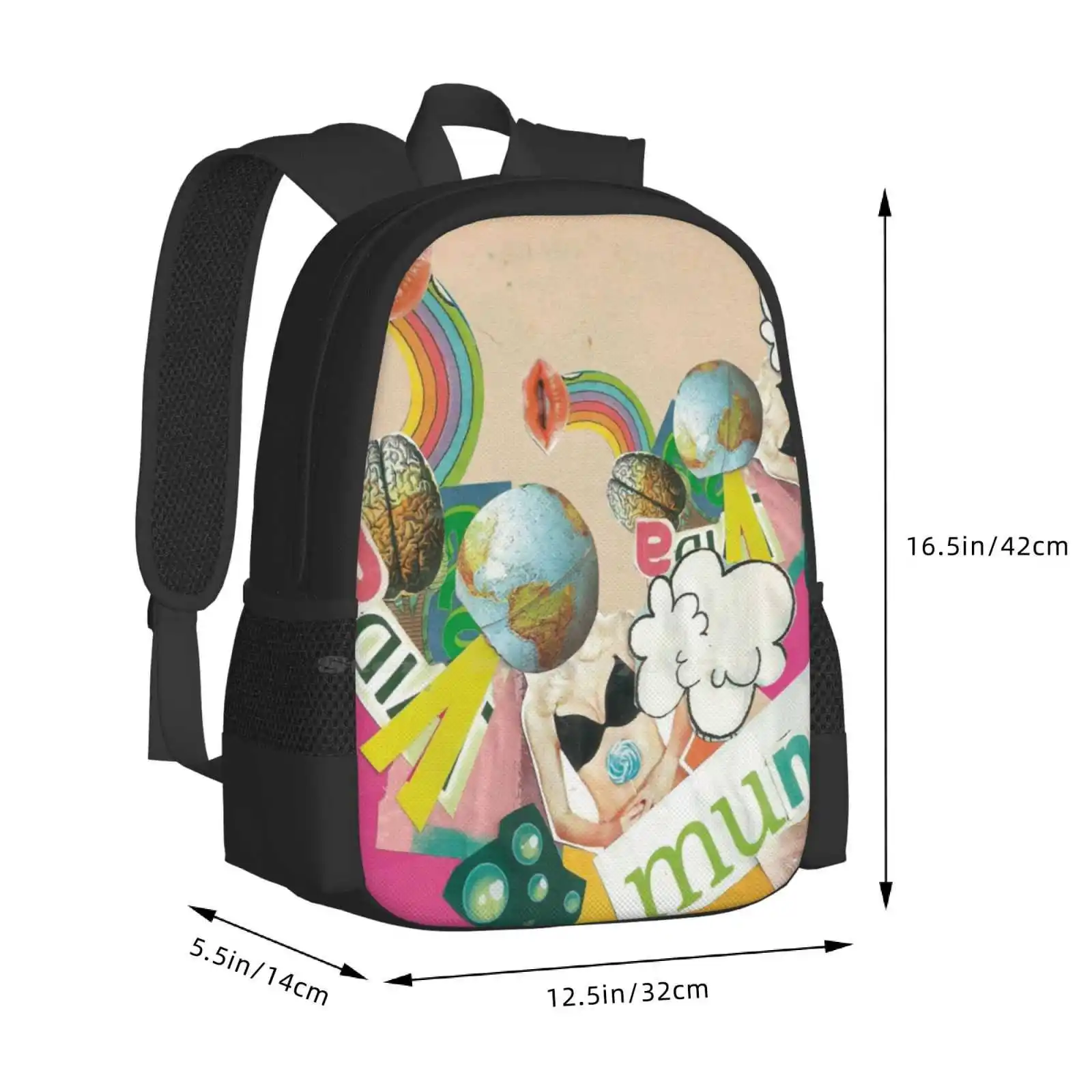 Collage Pop School Bag Big Capacity Backpack Laptop Collage Dadaismo Pop Art Color Nature Planet Woman Wainbow Green