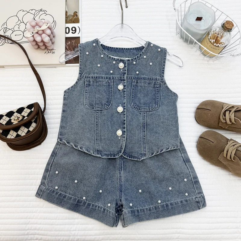 

New Summer Girls' Denim Outfit2026Vintage Beaded Denim Vest and Shorts Casual Two-Piece Set for Little Girls