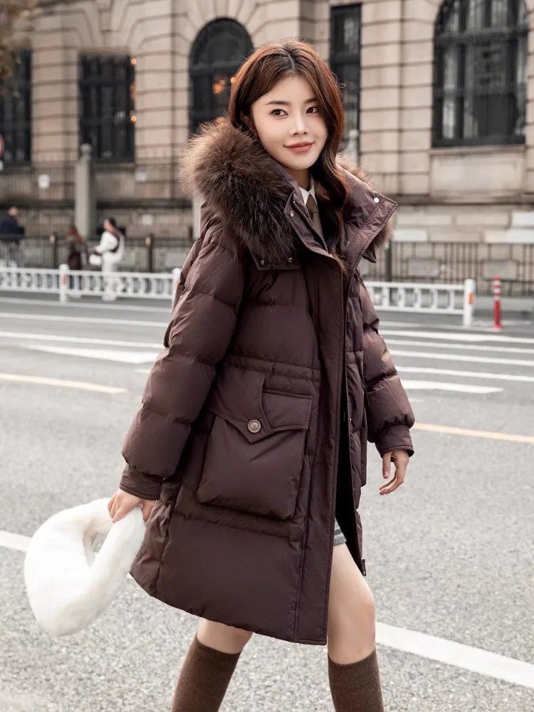 Women's Winter Coats with Big Fox Fur Collar Thicker Warm Down Coat 90% White Duck Down Coats Fashion 2024