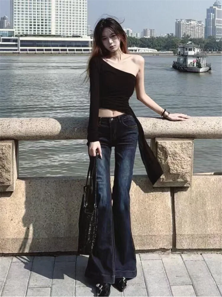 

Extended Length Low Waist Bell Bottom Jeans Women's Slim Fit Bootcut Floor Length Trousers Deep Blue Spring Season Fashion