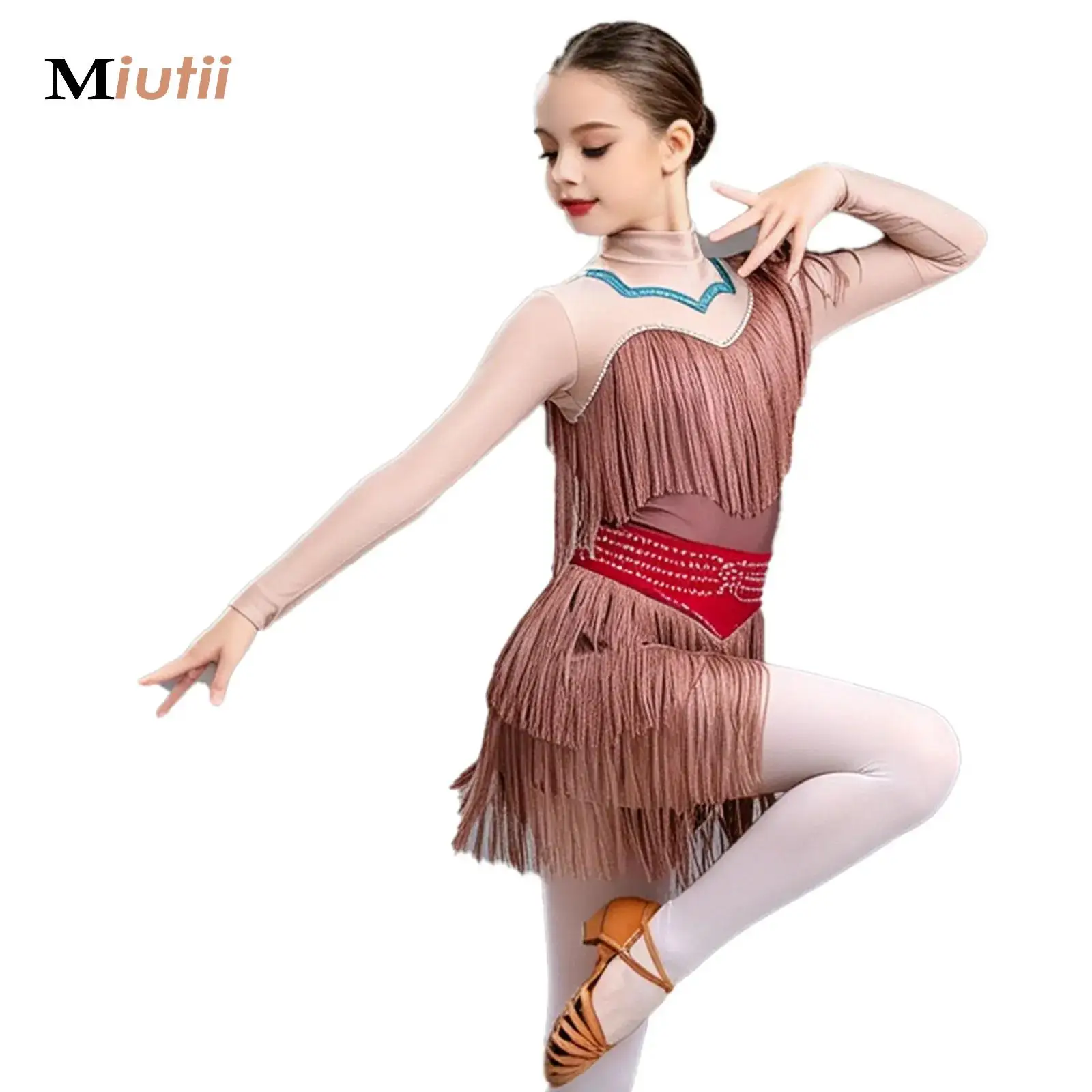 Girls Tassel Latin Tango Dance Leotard Dress Rhinestones Long Sleeve Contrast Color Fringed Bodysuit Stage Performance Clothes