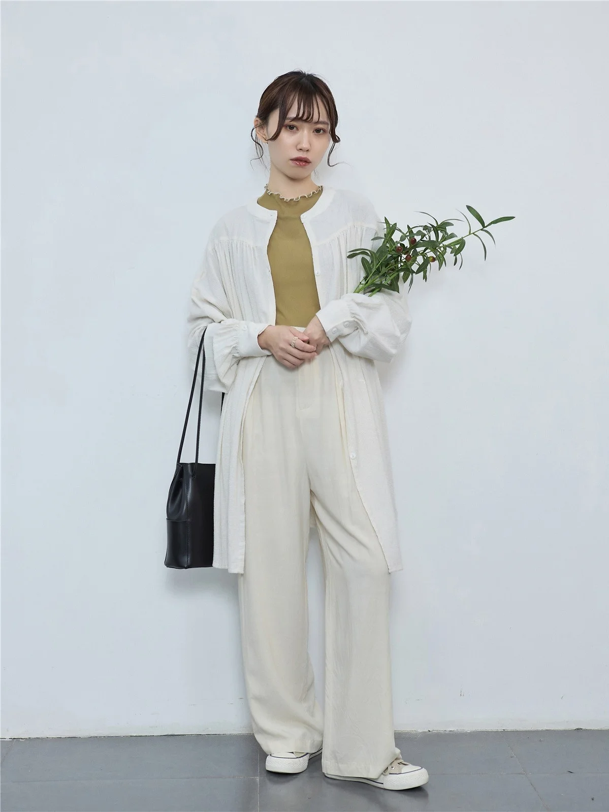 

Annuus Japanese Style Pure Color Floral Pattern Long Sleeve round Neck Two-Way Wearable Open Cardigan Coat Midi Shirt