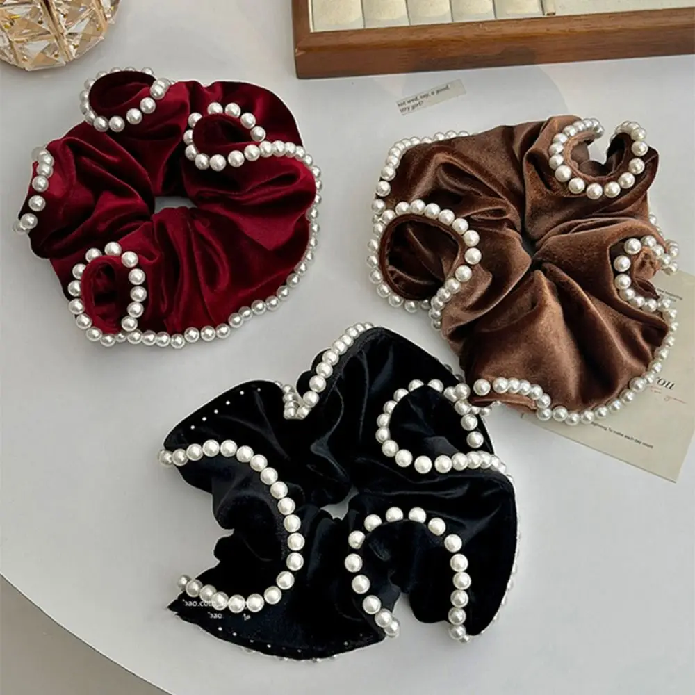 French Vintage Pearl Velvet Scrunchies Hair Tie Large Intestine Hairband Simple Elastic Hair Band Headwear Hair Accessories