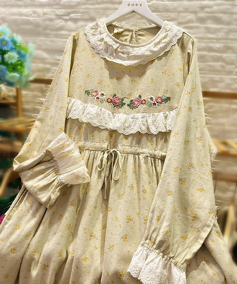 Vintage Cotton Ruffled Lace Embroidery Shabby Chic Cottage Core Midi Dress for Women 2024 Mori Girl Sweet Retro Khaki Long Dress