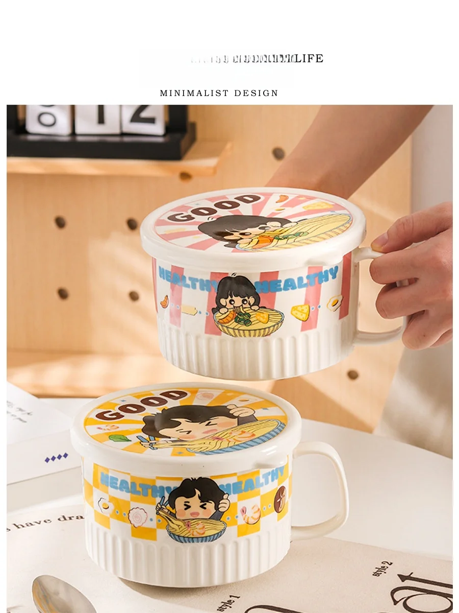 

Tlife Foodie Large Size Cerc Soup Bowl with Lid Cartoon Design Instant Noodles Bowl High Aesthetic Value Breakfast Cup
