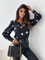 Wedifor Fashion Polka Dot Printed Women Shirts Long Sleeve O Neck Casual Blouse Black Elegant Ladies Pullover Tops Autumn Winter