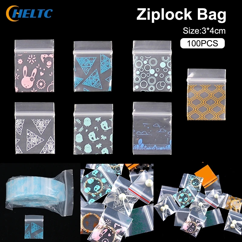 100Pcs Cute Cartoon Printing Packaging Bag Ziplock Bag Pill Packaging Bag Thicken Powder Packaging Seal Bag Jewelry Bag 2.5x3cm