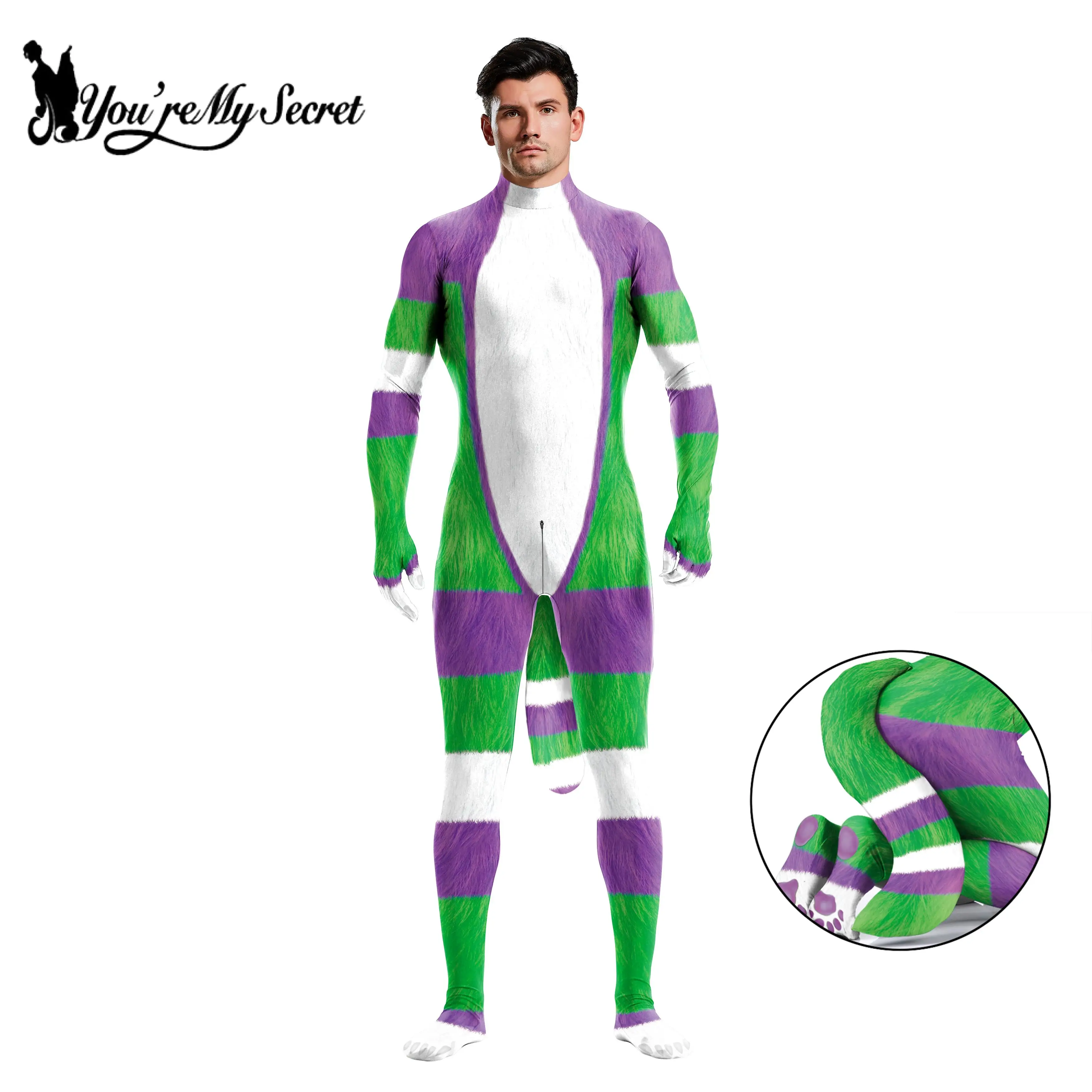 [You're My Secret] Halloween Creative Funny Cosplay Wolf Animal Costumes Onesie Costumes Jumpsuit Men Zentai Bodysuits with Tail