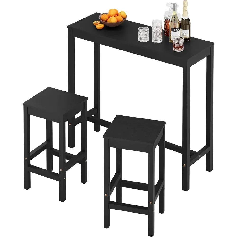 

45 inch Bar Table and Chairs Set, Rectangular Counter Height Table Set， Acacia Wood Pub Table with 2 Stools, Black