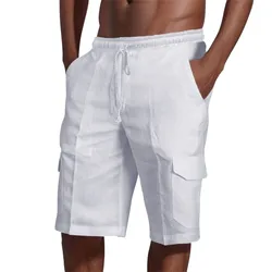 Pantaloncini in lino di cotone bianco 2024 pantaloncini sportivi multitasche Casual estivi da uomo pantaloncini da spiaggia traspiranti in vita elastica moda uomo