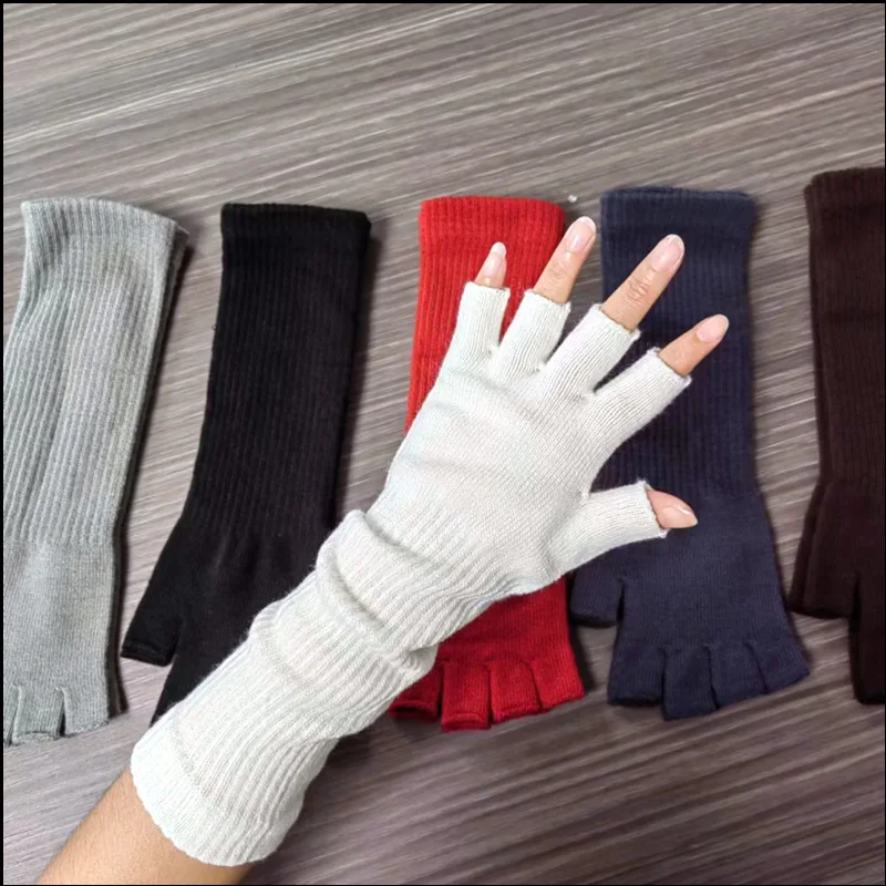 

Solid Color Half-finger Gloves for Writing Cold-proof and Warm Fingerless Gloves Fashionable Elastic Long Wrist Guards