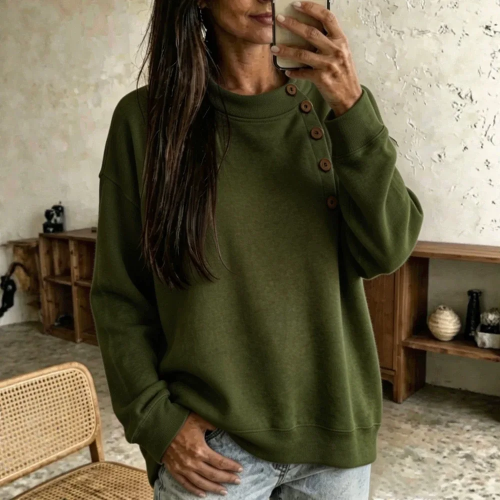 Damen-Sweatshirt mit Knopfdetails, Rundhalsausschnitt, langen Ärmeln, lockerer Passform, einfarbig, lässiger Oversize-Stil, ideal für Herbst und Winter, für den täglichen Gebrauch. – Detail 5