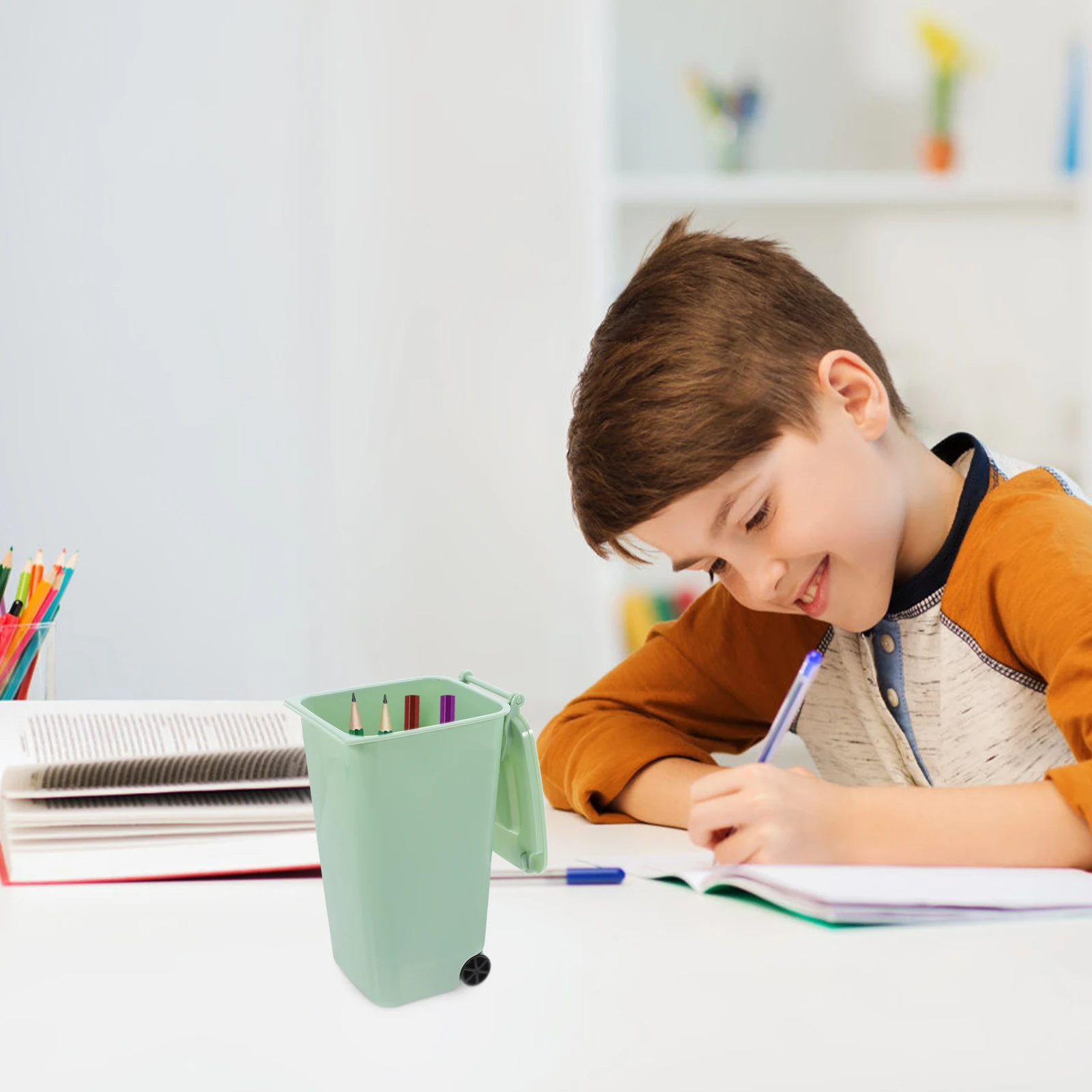 

Pen Holder with Cover Pretty Holds Desktop Countertop Trash Can Garbage Mini Compact Pp Office Bin