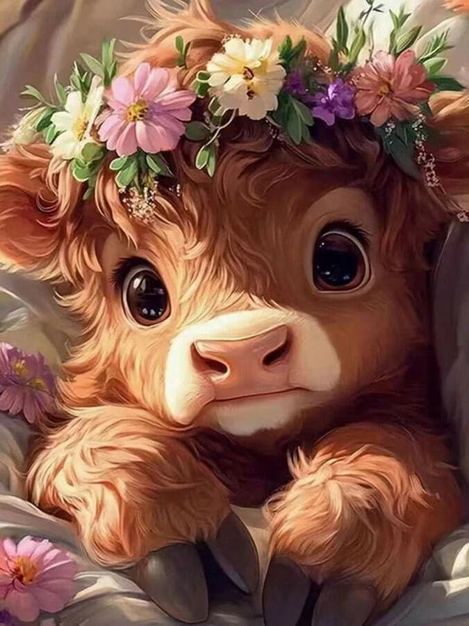 Cute Highland Cow with Flower Wreath 5D DIY Full Drill Diamond Painting Kit Cross Stitch, Handmade Art Home Wall Decor