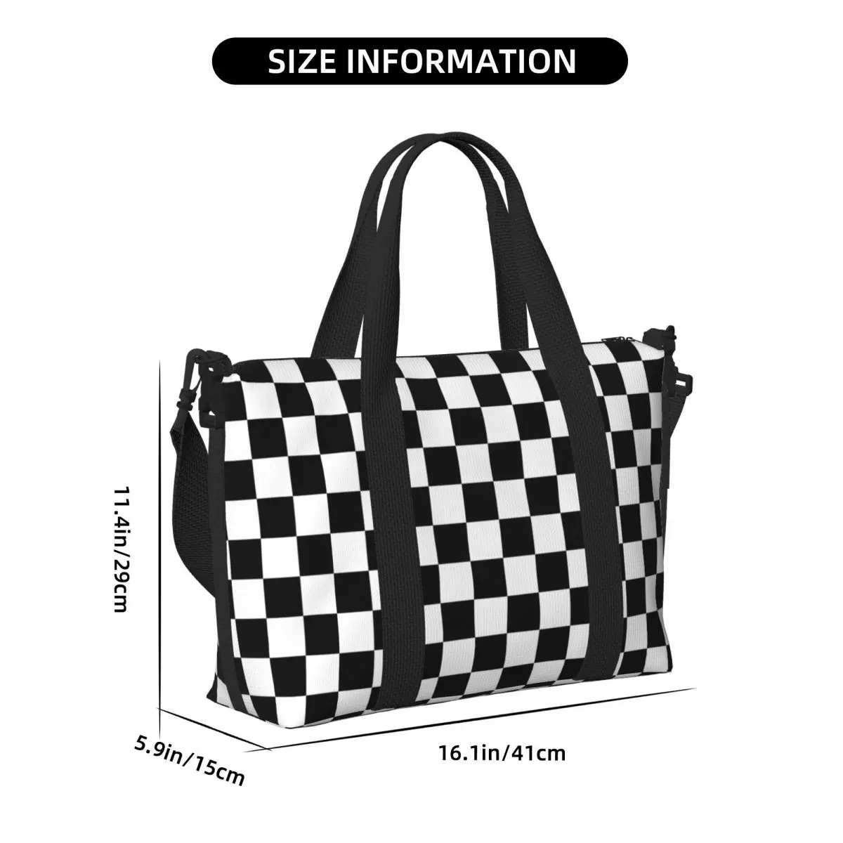 CUSTOM สีดําและสีขาว Checkerboard รูปแบบ Tote กระเป๋าผู้หญิงขนาดใหญ่ความจุเรขาคณิต Tartan Beach GYM กระเป๋าเดินทางไหล่