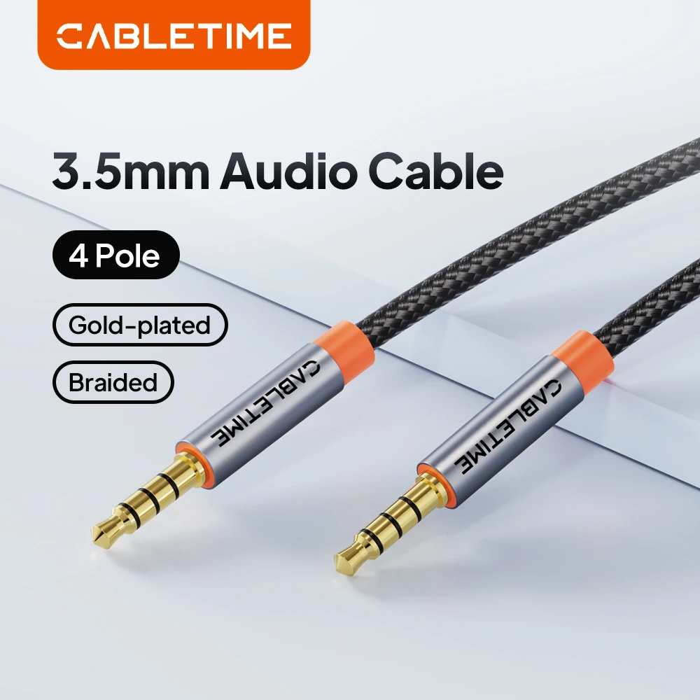 Cabletime 3.5mm cabo de áudio de 4 pólos trrs cabo aux auxiliar de 4 condutores para telefone fone de ouvido microfone música do carro cabo de áudio hifi