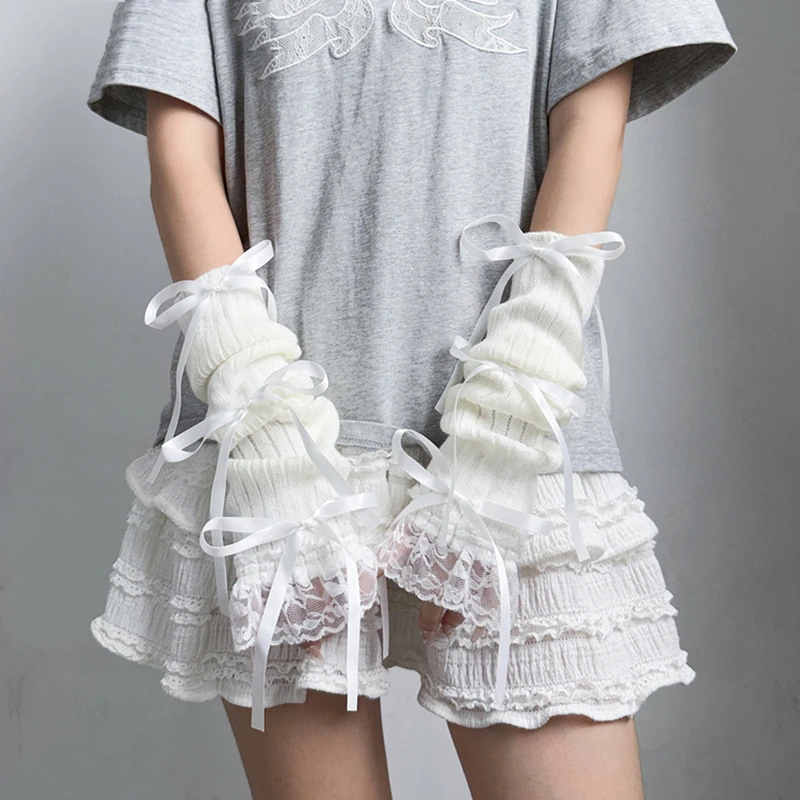 العصرية الحلو متماسكة القوس أكمام أذرع تبريد الديكور الدافئة قفازات طويلة أصابع انفصال اليد الأكمام للفتيات لوليتا اكسسوارات