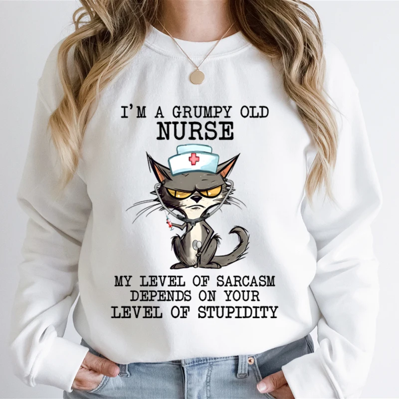 Nurse Cat Lovers Gifts Women Cartoon Sweatshirt Registered Nurse Classic Autumn Sweatshirt Cat Lover Nurse Fashion Casual Hoodie