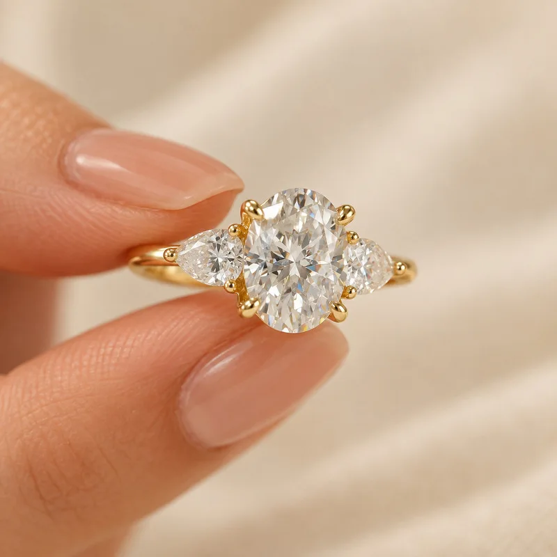 18k Gold 7ct Oval Moissanite Ring For Women, Pear-Shaped With Three Diamond Light Luxury Wedding Ring Jewelry Gift