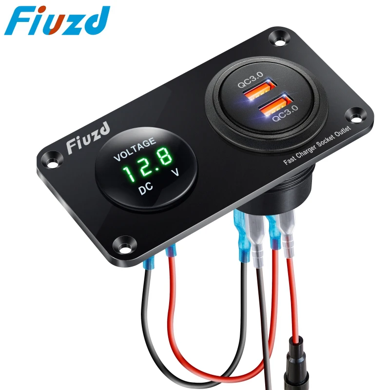 12V QC3.0 Dual USB Charger Socket Panel with LED Voltmeter Switch Waterproof Cigarette Lighter Splitter for Car Marine Golf Cart