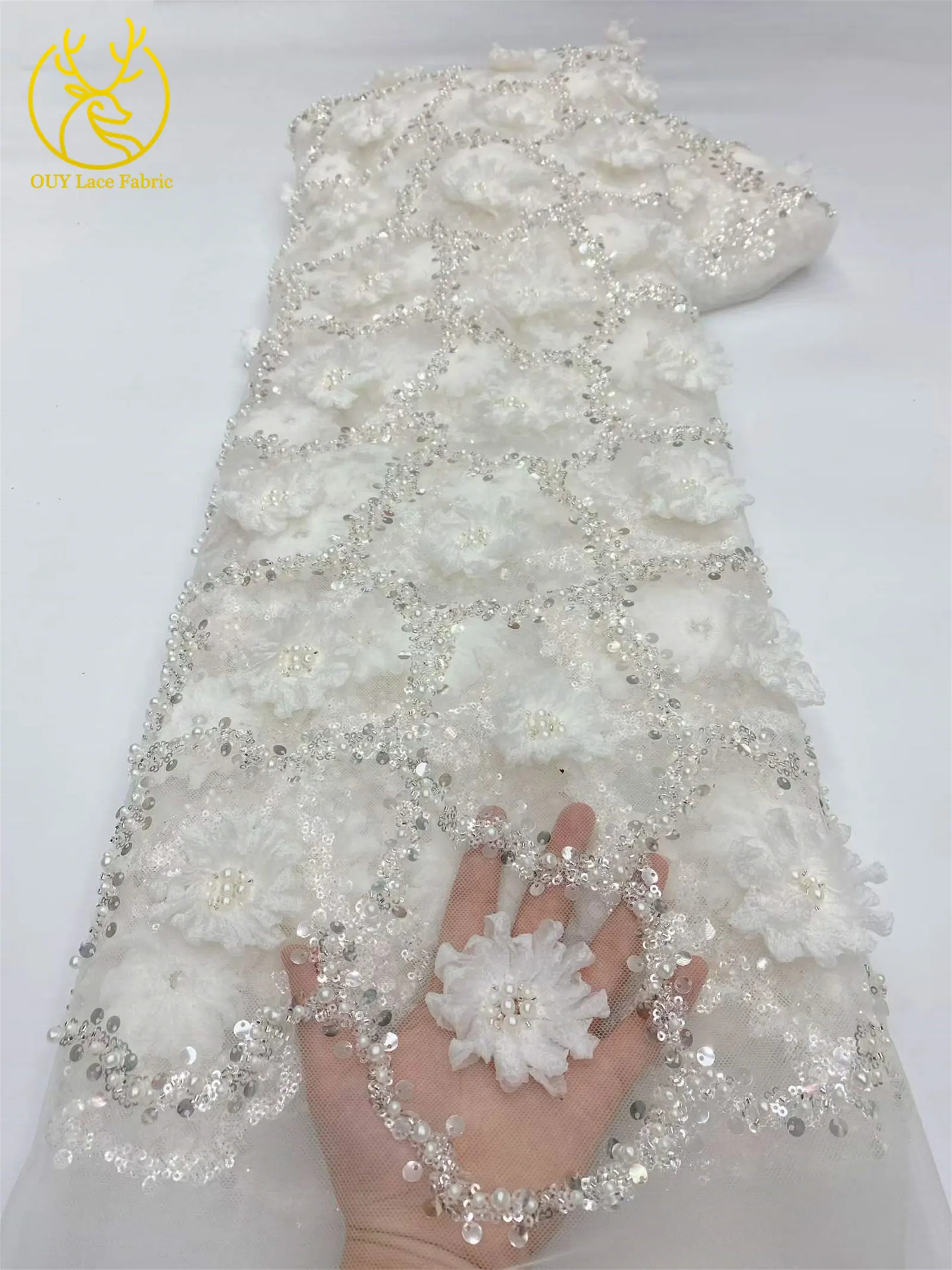 Elegantes Abendkleid 3D-Blumen-Spitzenstoff Afrikanischer Pailletten-Perlen-Spitzenstoff Hochwertiger Nigerianischer Französischer Tüll-Spitzenstoff – Detail 16