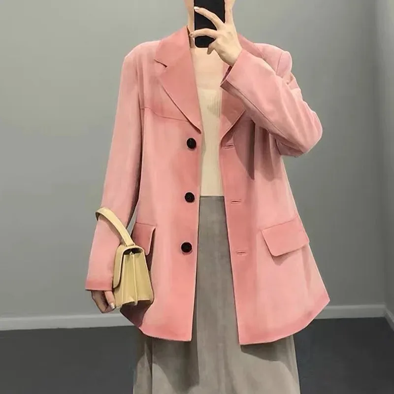 

Модная замшевая куртка в стиле ретро, женская осень 2022, натуральная кожа, градиент, коричневая Сакура, пинк, Майярд, силуэт, костюм, пальто