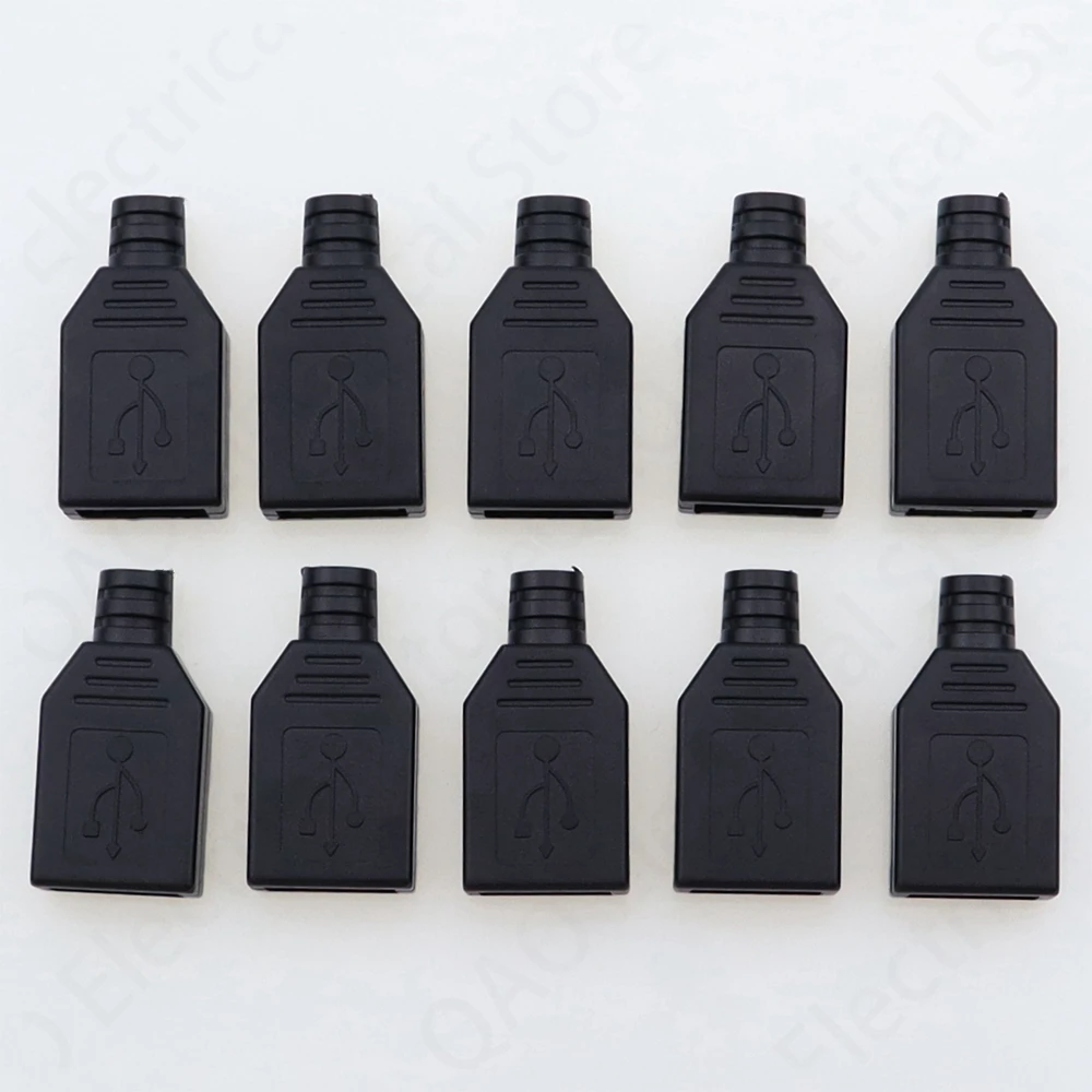 New 10pcs Type A Female USB 4 Pin Plug Socket Connector With Black Plastic Cover