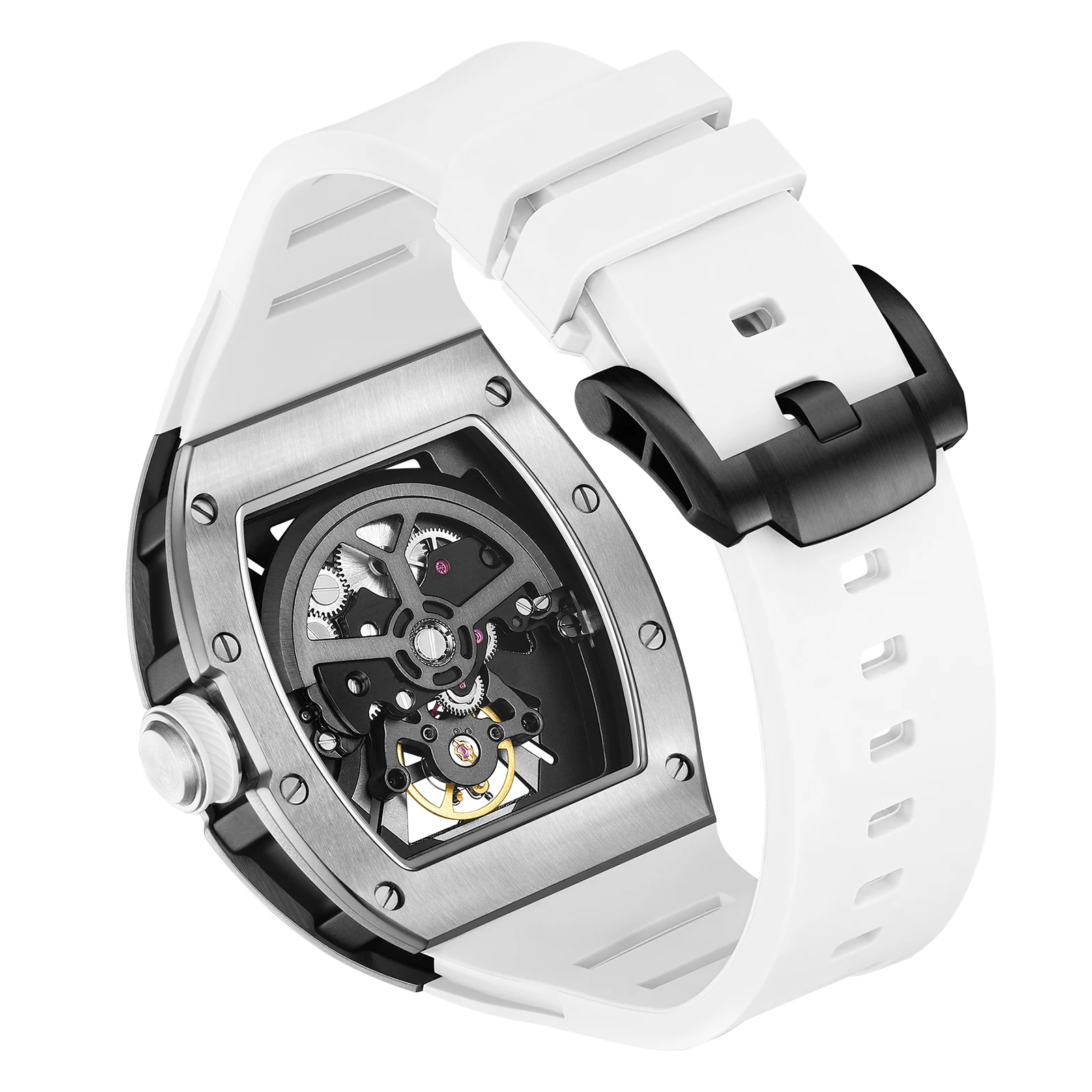 December Sale Sports Mechanical Watch for Men Automatic Self-winding Wristwatch with Silicone Strap Transparent Tonneau Dial