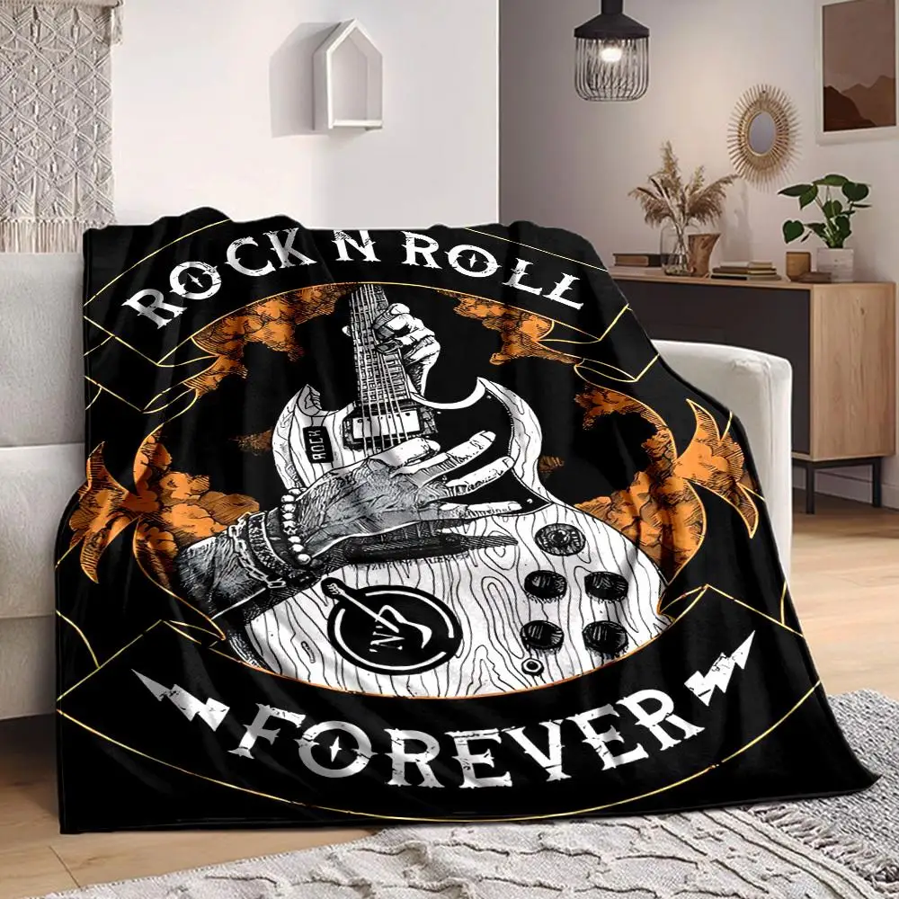 Rock N Roll Guitar Flannel Throw Blanket, Vibrant Music Instrument Bedding, Cozy Travel Camping Gift