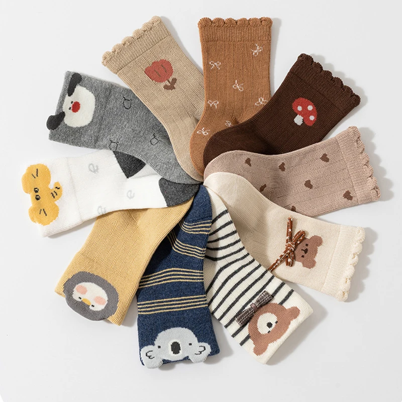 5 Pairs Cute 3D Cartoon Baby Cotton Socks Soft Elastic Kids Socks Comfort Mid Tube Socks for Infant Toddler Boys Girls