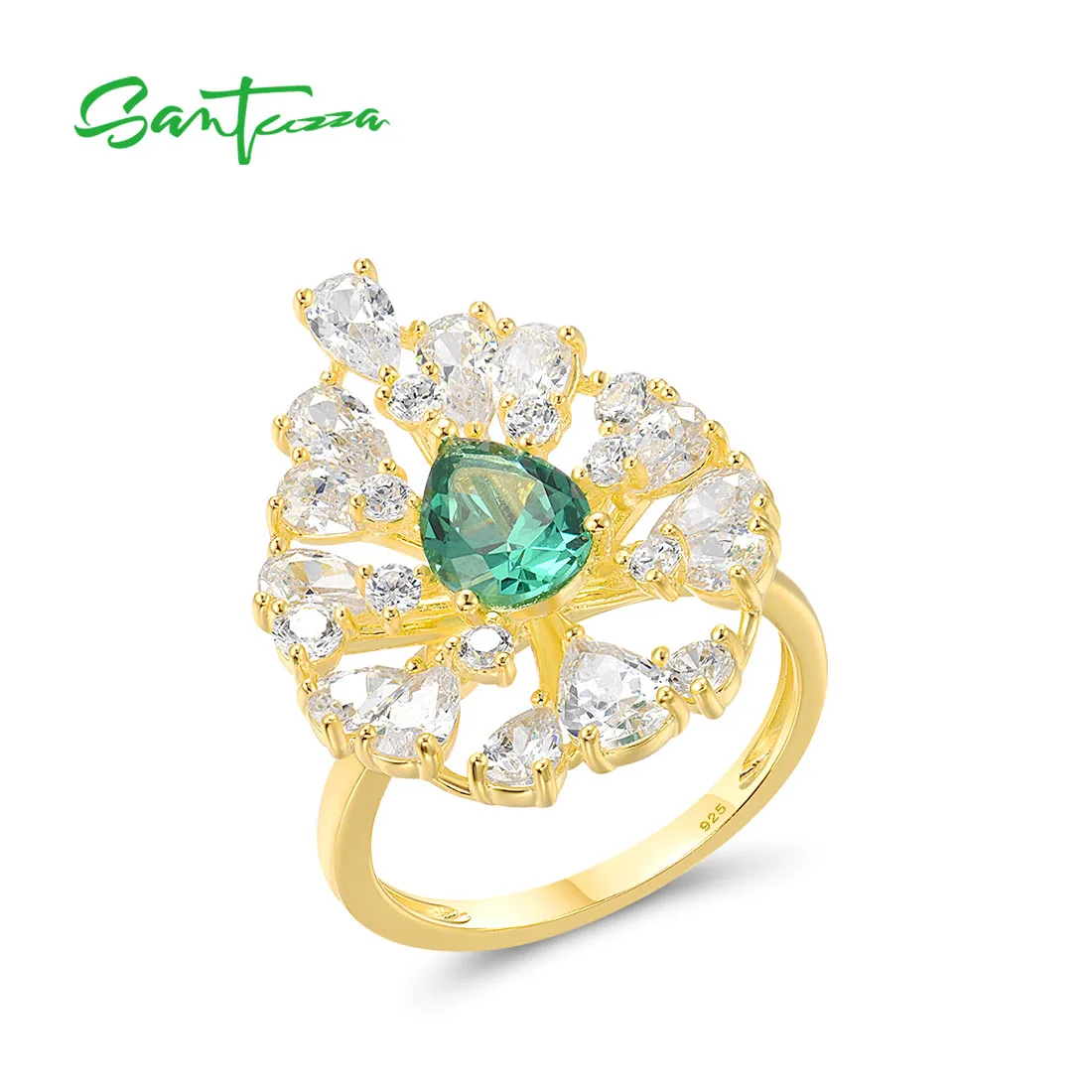 

SANTUZZA Authentic 925 Sterling Silver Ring For Women Sparkling Green Spinel White CZ Cluster Luxury Wedding Party Fine Jewelry