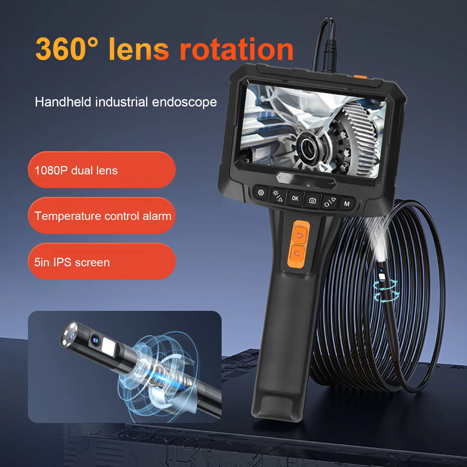 

Dual Lens Articulating Borescope 2MP HD 5in Screen Handheld Articulating Borescope 360 Degree Rotating for Industrial Use