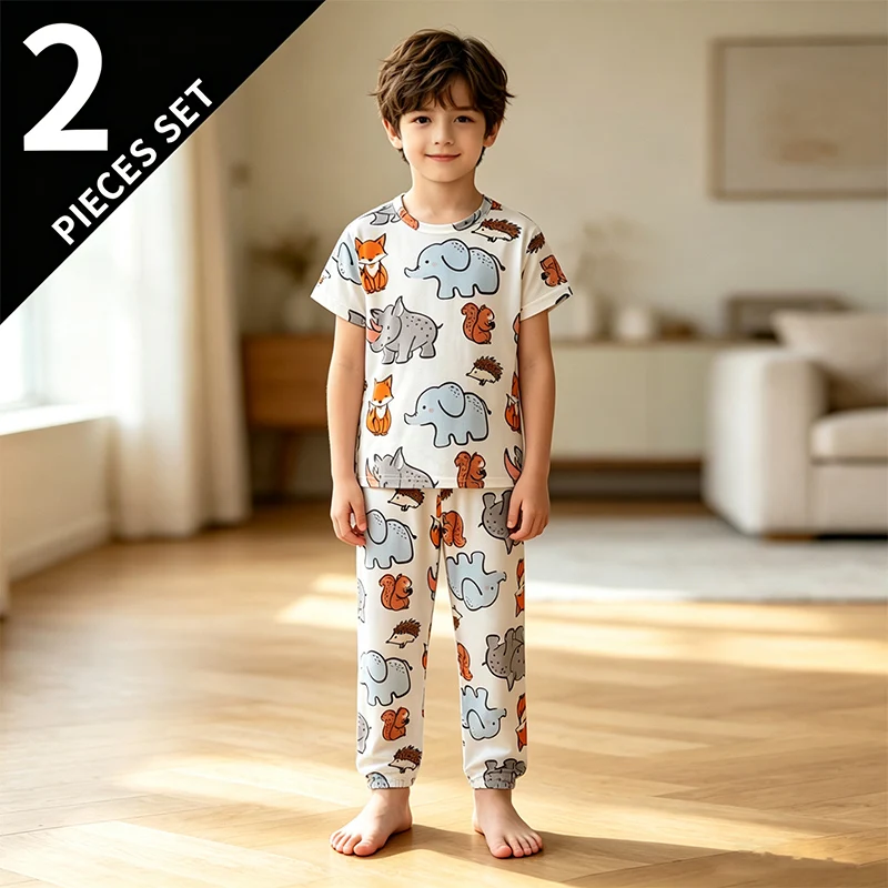 2-Piece Children's Set Summer Printed Short Sleeved Pants Breathable Moisture Wicking Comfortable And Fashionable Pajamas Set