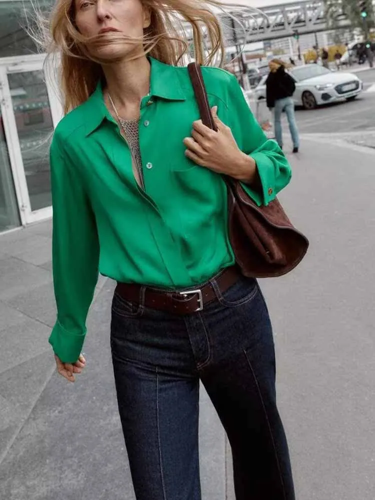 

European and American style women's autumn new fashion simple solid color commuter style versatile pocket lapel long sleeve shir
